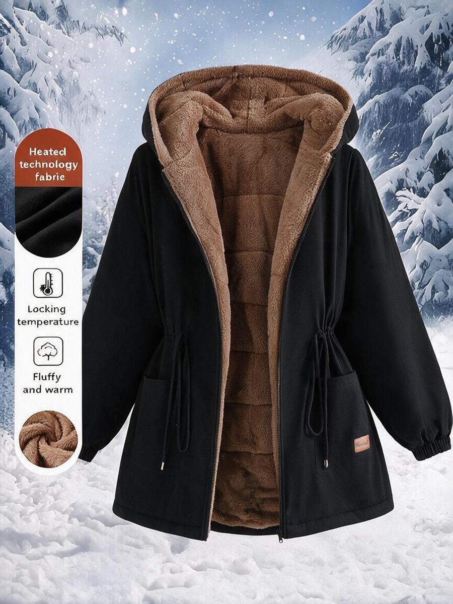 SHEIN Clasi Plus Size Faux Rabbit Fur Lined Puffer Jacket Hood Patchwork Design Holiday Going Out Homewear Club Black Winter Casual Smart Baggy - Black - View 1