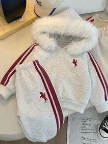Young Girl Knight Graphic Print Hoodie And Striped Jogger Sweatpants Set Kids - Grey - View 1