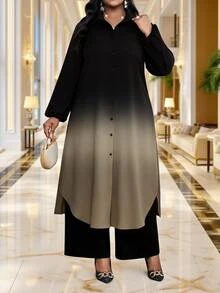 SHEIN Lady 大尺碼女款漸層色長袖上衣與長褲休閒日常兩件套 - 彩色 - 查看 1