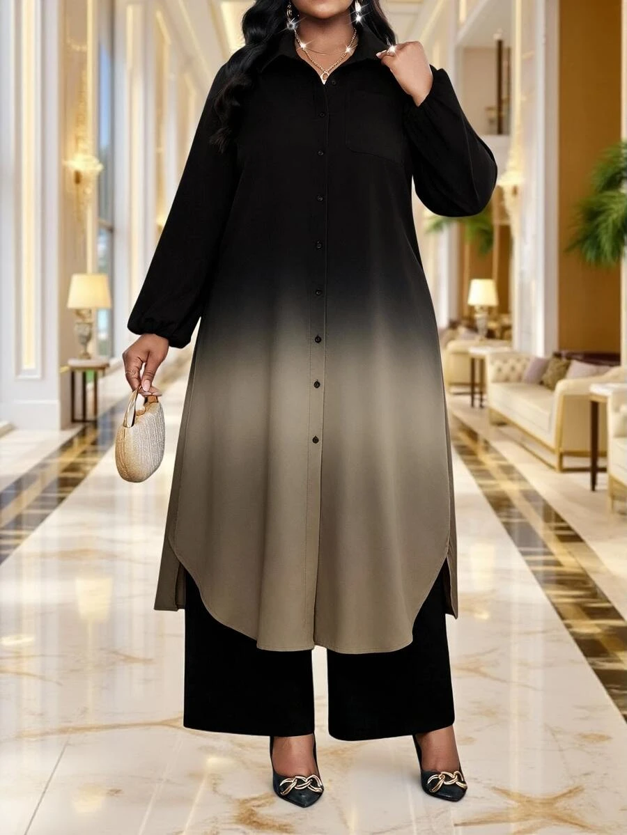 SHEIN Lady 大尺碼女款漸層色長袖上衣與長褲休閒日常兩件套 - 彩色 - 查看 1