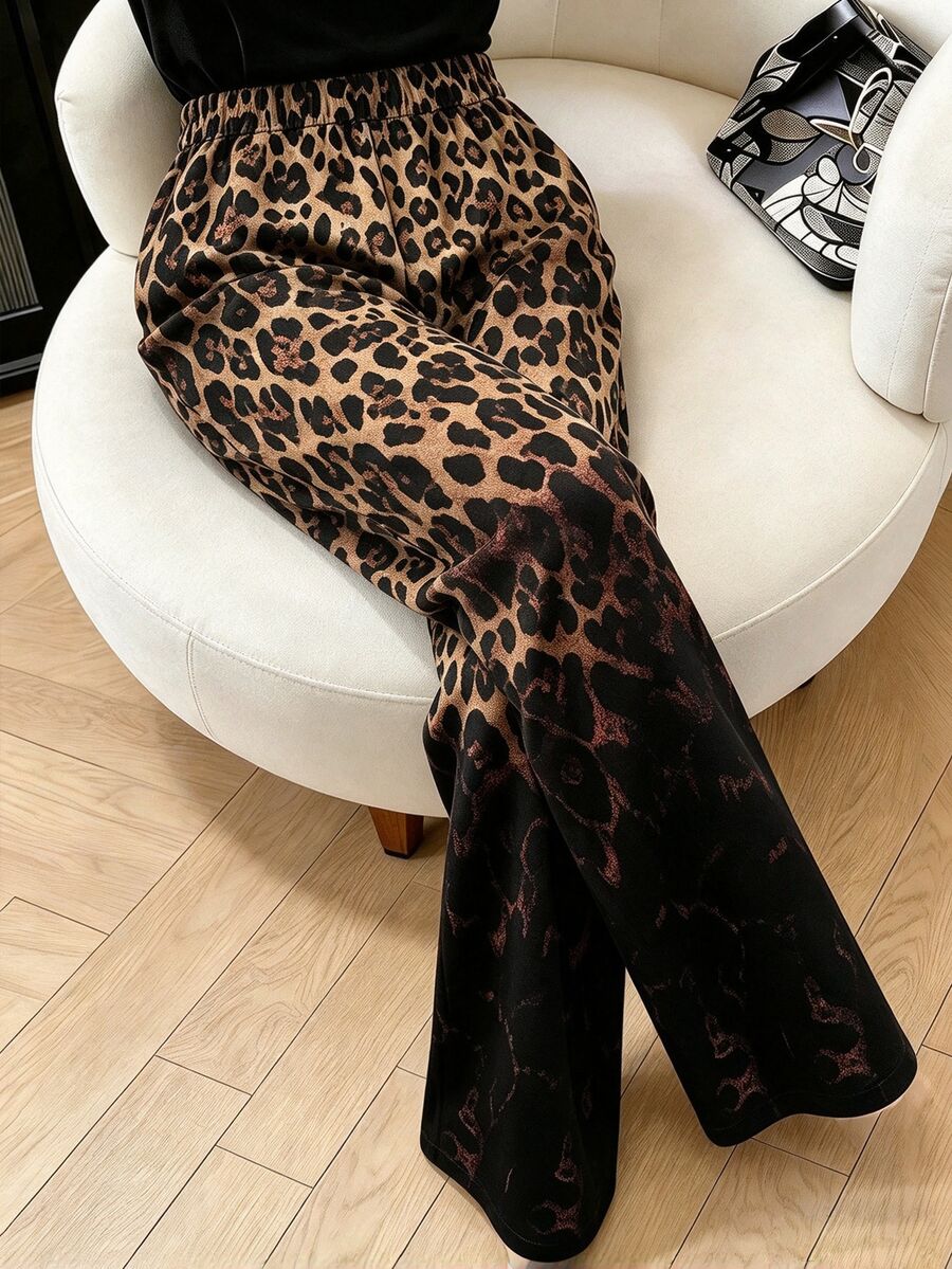 GlowEve CURVE Casual Cargo Versatile Leopard Print Positioned Floral Long Pants Plus Size Women Evening Vacation Going Out Night Black Autumn/Winter,Halloween Fall - Multicolor - View 1