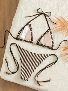 SHEIN Swim New Summer Brown Striped Halter Triangle Bikini Set - A Sexy, Elegant Vacation-Style Swimsuit Perfect For Beach And Poolside Parties. - Multicolor - View 6