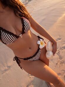 SHEIN Swim New Summer Brown Striped Halter Triangle Bikini Set - A Sexy, Elegant Vacation-Style Swimsuit Perfect For Beach And Poolside Parties. - Multicolor - View 1