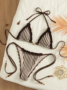 SHEIN Swim New Summer Brown Striped Halter Triangle Bikini Set - A Sexy, Elegant Vacation-Style Swimsuit Perfect For Beach And Poolside Parties. - Multicolor - View 4