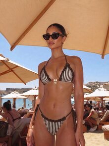 SHEIN Swim New Summer Brown Striped Halter Triangle Bikini Set - A Sexy, Elegant Vacation-Style Swimsuit Perfect For Beach And Poolside Parties. - Multicolor - View 2