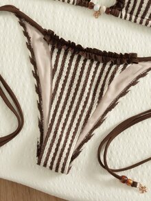 SHEIN Swim New Summer Brown Striped Halter Triangle Bikini Set - A Sexy, Elegant Vacation-Style Swimsuit Perfect For Beach And Poolside Parties. - Multicolor - View 9