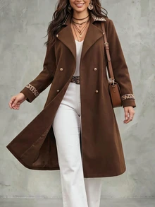 SHEIN LUNE CURVE French Chic Long Coat, Loose Fit Elegant Autumn/Winter Commuter Overcoat - Brown - View 7