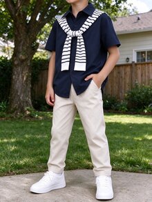 Tween Boy Fitted Short Sleeve Collar Shirt With Pockets And Pants Combo For Everyday Casual Preppy Smart Wear Family School White Beige Fall - Multicolor - View 2