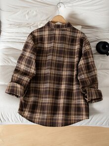 SHEIN 青少年女孩秋季上衣 白色翻領襯衫，休閒寬鬆鈕扣門襟柔軟上衣，適合秋季畢業返校街頭穿搭套裝 - 棕色 - 查看 2