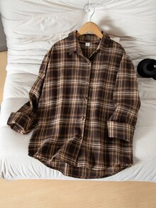 SHEIN 青少年女孩秋季上衣 白色翻領襯衫，休閒寬鬆鈕扣門襟柔軟上衣，適合秋季畢業返校街頭穿搭套裝 - 棕色 - 查看 3