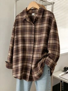 SHEIN 青少年女孩秋季上衣 白色翻領襯衫，休閒寬鬆鈕扣門襟柔軟上衣，適合秋季畢業返校街頭穿搭套裝 - 棕色 - 查看 1