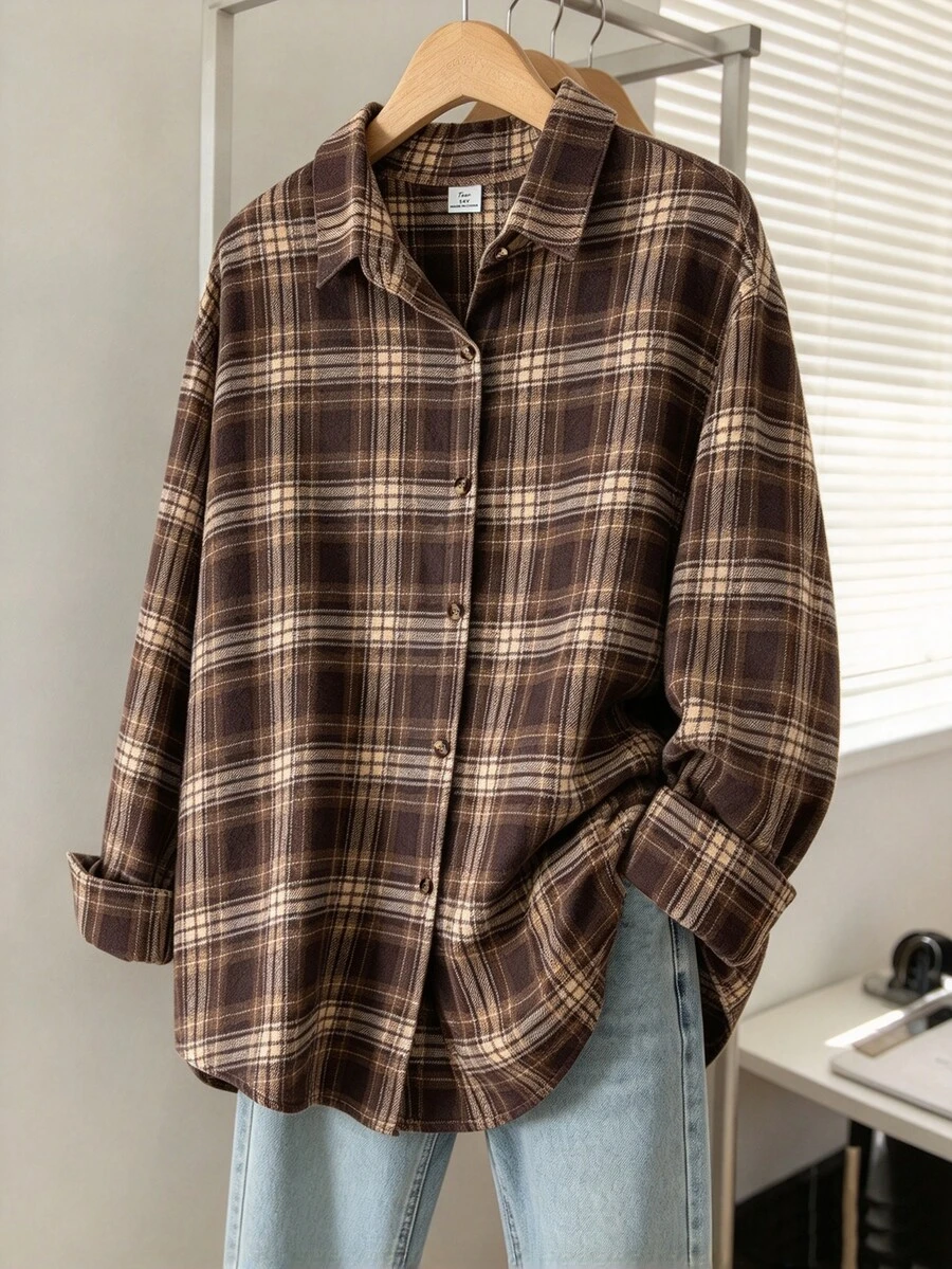 SHEIN 青少年女孩秋季上衣 白色翻領襯衫,休閒寬鬆鈕扣門襟柔軟上衣,適合秋季畢業返校街頭穿搭套裝 - 棕色 - 查看 1