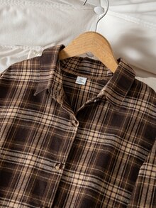 SHEIN 青少年女孩秋季上衣 白色翻領襯衫，休閒寬鬆鈕扣門襟柔軟上衣，適合秋季畢業返校街頭穿搭套裝 - 棕色 - 查看 5