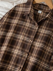 SHEIN 青少年女孩秋季上衣 白色翻領襯衫，休閒寬鬆鈕扣門襟柔軟上衣，適合秋季畢業返校街頭穿搭套裝 - 棕色 - 查看 7