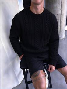 Manfinity Homme 男士秋冬款麻花編織圓領長袖休閒毛衣 - 黑色 - 查看 3