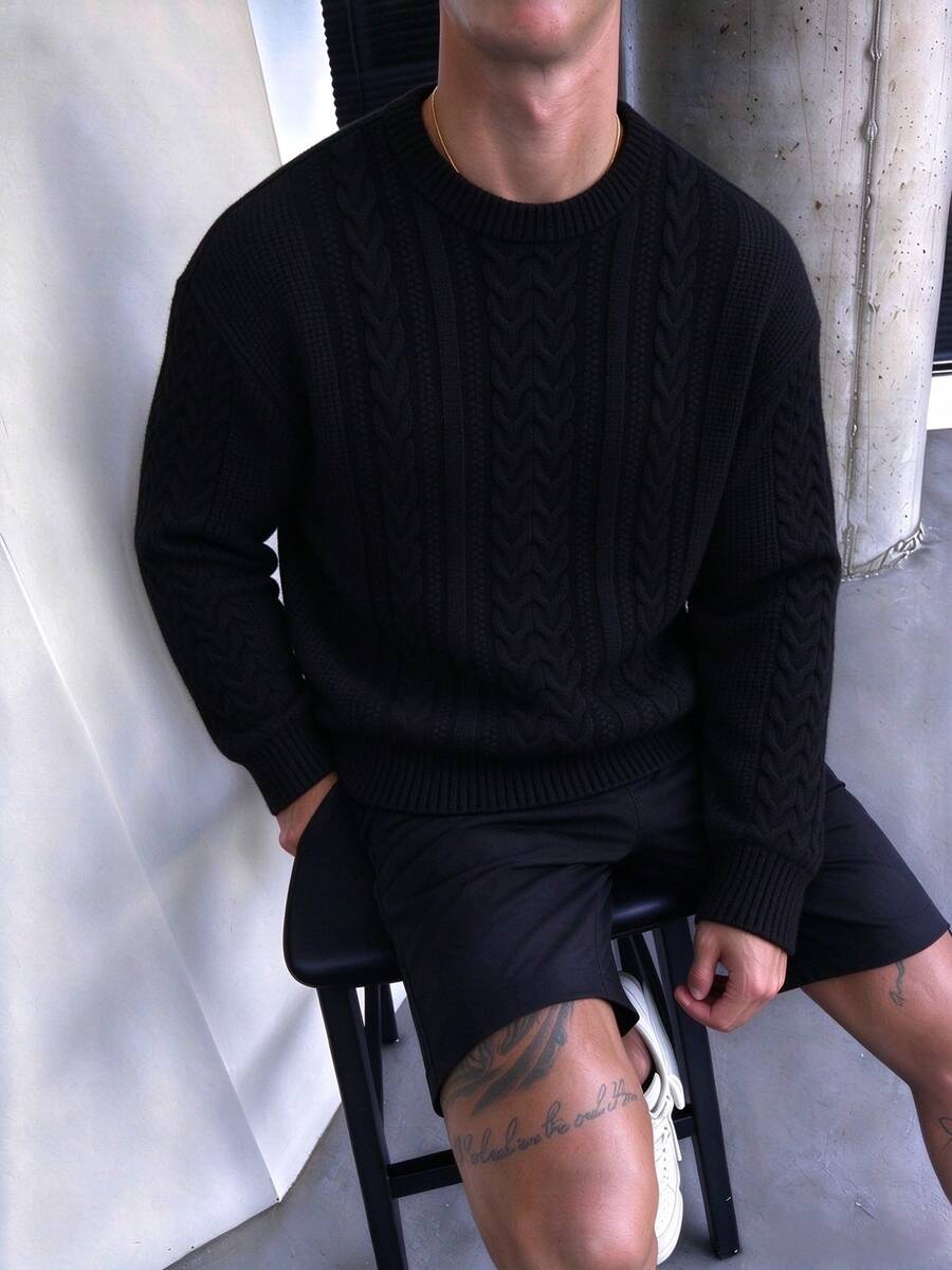 Manfinity Homme Men's Autumn/Winter Cable Knit Crew Neck Long Sleeve Casual Sweater - Black - View 1