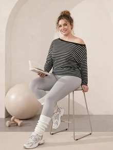 FavEase Plus Size Women's Black Asymmetrical Shoulder Long Sleeve Casual Alternative Baggy Fitness Sports T-Shirt Fall Workout Gym - Black - View 3