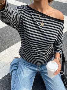 FavEase Plus Size Women's Black Asymmetrical Shoulder Long Sleeve Casual Alternative Baggy Fitness Sports T-Shirt Fall Workout Gym - Black - View 6