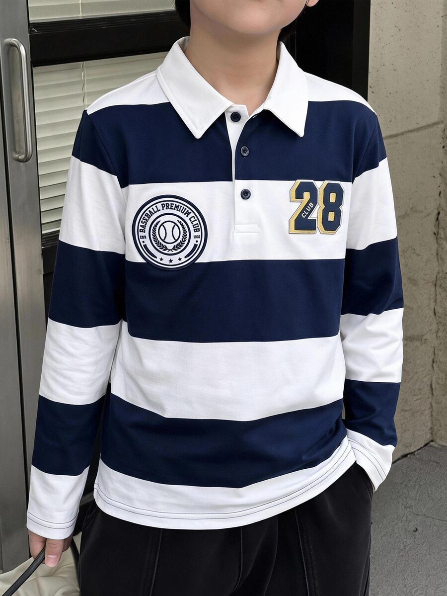 SHEIN Mirajuku 男童對比領長袖 Polo 衫,簡約時尚秋季款 - 藏蓝色 - 查看 1
