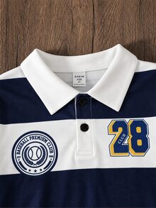 SHEIN Mirajuku 男童對比領長袖 Polo 衫，簡約時尚秋季款 - 藏蓝色 - 查看 4