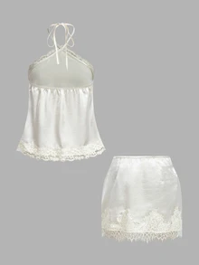 SHEIN MOD Women's Lace Patchwork Halter Top And Mini Skirt Fashion Two Pieces Set,Night Out Date Night,Party, Night Out,Halloween,Christmas White Sexy - Apricot - View 4