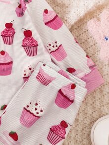SHEIN Newborn Baby Cake Print Long Sleeve Top And Pants Loungewear - Pink - View 6