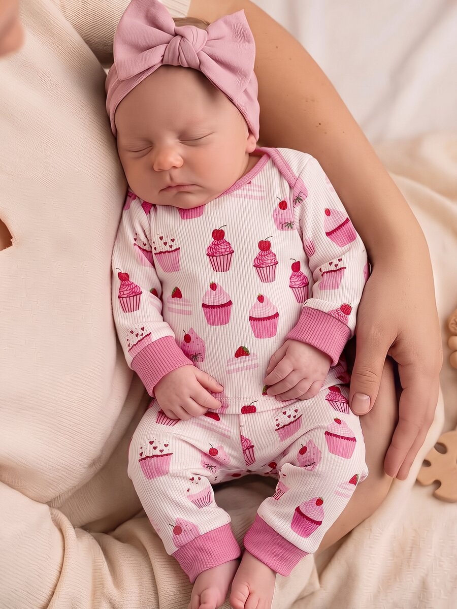 SHEIN Newborn Baby Cake Print Long Sleeve Top And Pants Loungewear - Pink - View 1