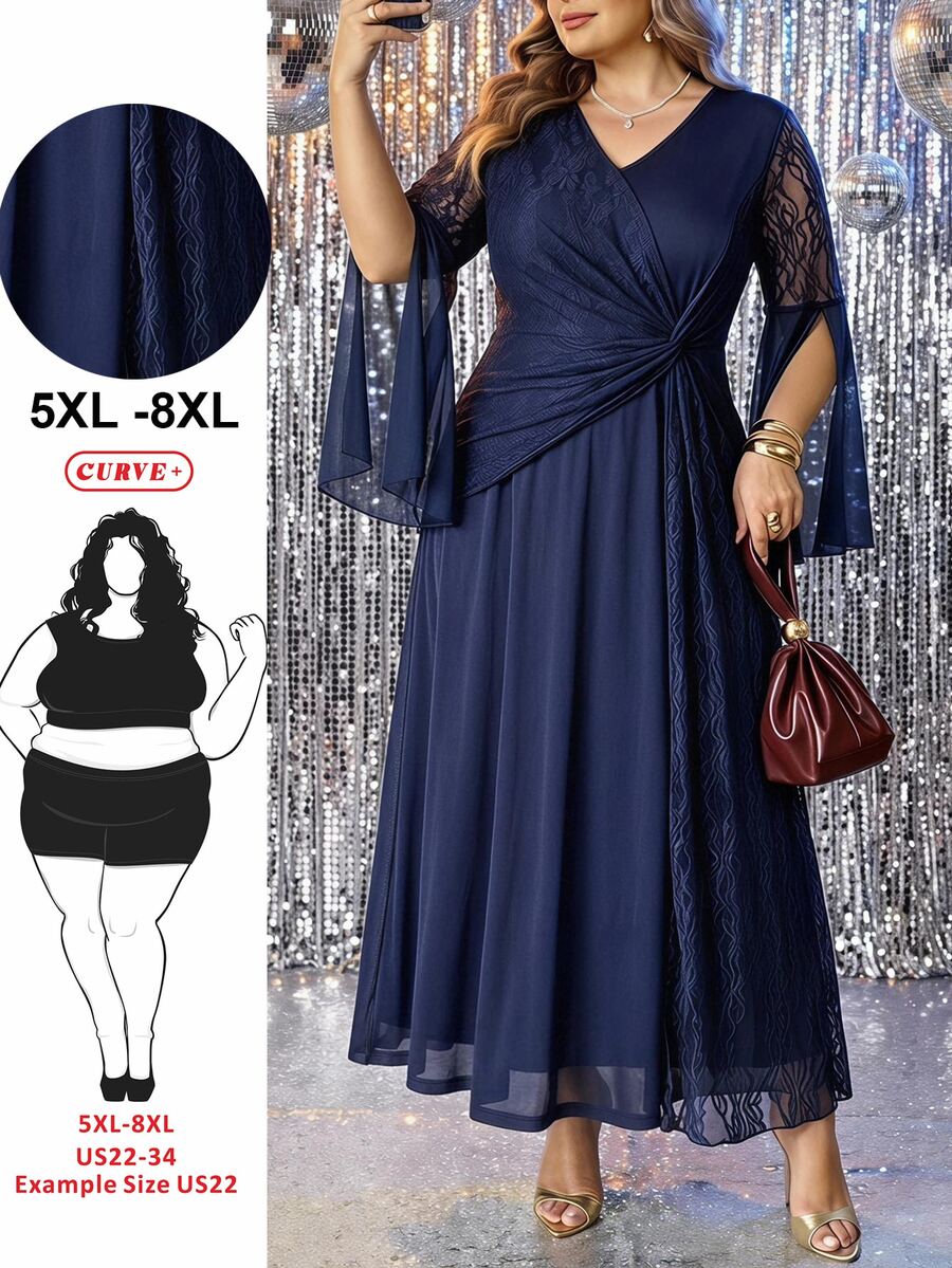SHEIN CURVE+ Plus Size 22W Round Neck Lantern Sleeve Long Sleeve Floral Print Dress Fall - Blue - View 1