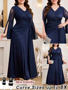 SHEIN CURVE+ Plus Size 22W Round Neck Lantern Sleeve Long Sleeve Floral Print Dress Fall - Blue - View 5