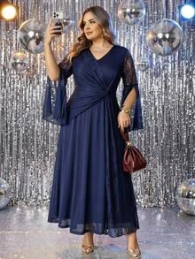 SHEIN CURVE+ Plus Size 22W Round Neck Lantern Sleeve Long Sleeve Floral Print Dress Fall - Blue - View 8