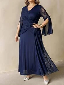 SHEIN CURVE+ Plus Size 22W Round Neck Lantern Sleeve Long Sleeve Floral Print Dress Fall - Blue - View 3