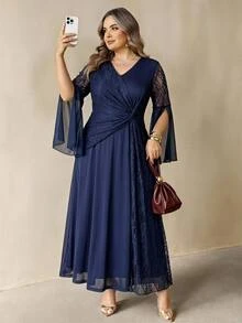 SHEIN CURVE+ Plus Size 22W Round Neck Lantern Sleeve Long Sleeve Floral Print Dress Fall - Blue - View 4
