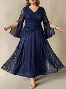 SHEIN CURVE+ Plus Size 22W Round Neck Lantern Sleeve Long Sleeve Floral Print Dress Fall - Blue - View 6