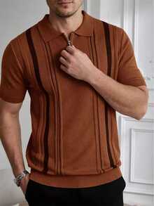 Core Aspect Men's Half-Zip Polo Collar Vertical Striped Short Sleeve Pullover Knit Top, Casual Commuter Style, Brown, Old Money - Coffee Brown - View 3