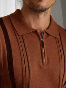 Core Aspect Men's Half-Zip Polo Collar Vertical Striped Short Sleeve Pullover Knit Top, Casual Commuter Style, Brown, Old Money - Coffee Brown - View 4