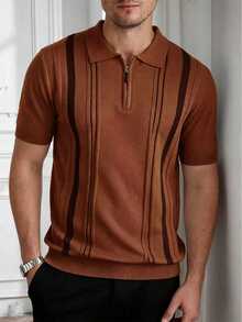 Core Aspect Men's Half-Zip Polo Collar Vertical Striped Short Sleeve Pullover Knit Top, Casual Commuter Style, Brown, Old Money - Coffee Brown - View 8