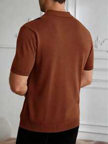 Core Aspect Men's Half-Zip Polo Collar Vertical Striped Short Sleeve Pullover Knit Top, Casual Commuter Style, Brown, Old Money - Coffee Brown - View 2
