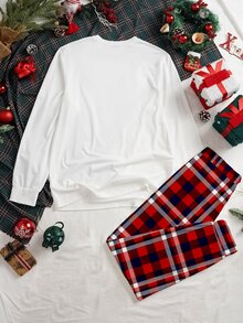 Manfinity Homme 男士聖誕老人印花長袖上衣與格紋長褲家居套裝，適合家庭聚會，男友/丈夫禮物 [不含嬰兒與兒童] - 紅白色 - 查看 3