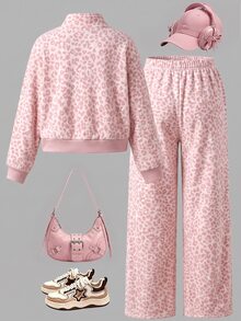 Girls' 2 Pieces Casual Fashion Spring/Autumn/Winter Set, Stand Collar Sweatshirt With Wide Leg Sweatpants, Sweet & Cool Leopard Print, Soft Fabric - Multicolor - View 2