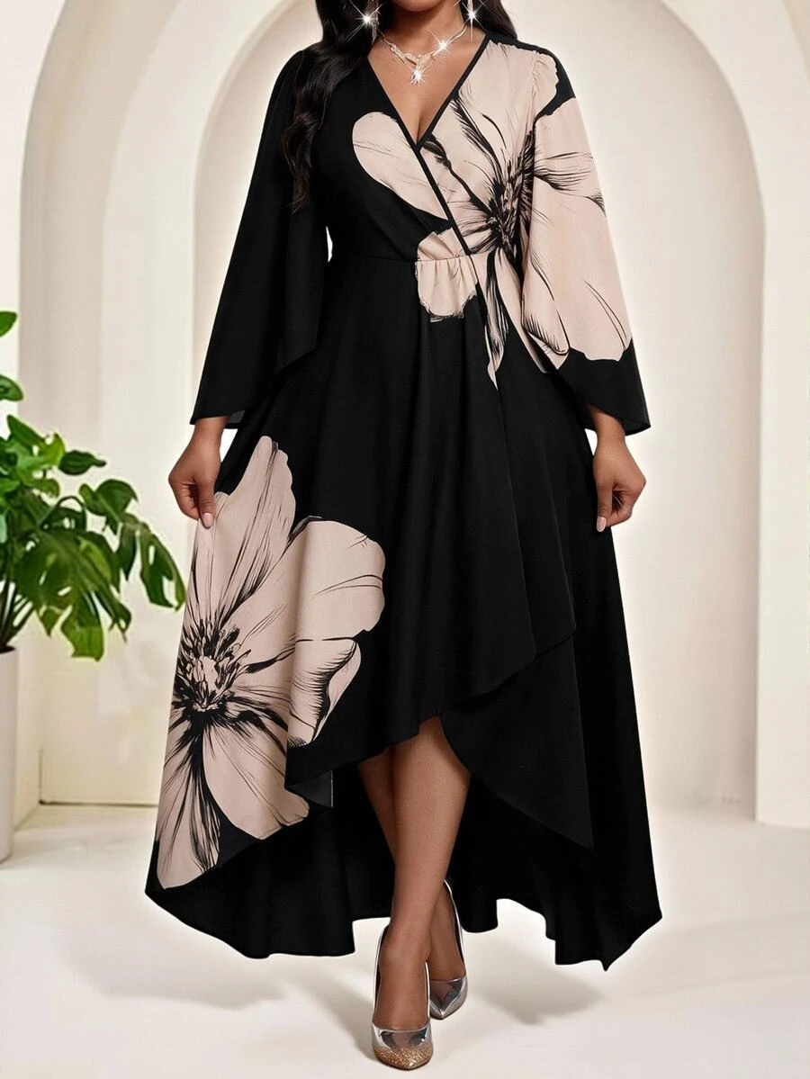 SHEIN Lady Plus Size Women's Floral Print Overlap V-Neck Batwing Sleeve High-Low Hem Elegant Dress Fall - Multicolor - View 1