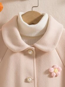 SHEIN Elladie kids 女童駱駝色拼接鈕扣披肩領大衣，淑女風，適合秋季、萬聖節、聖誕節 - 米色 - 查看 6