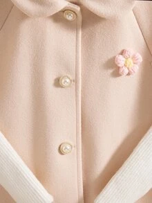 SHEIN Elladie kids 女童駱駝色拼接鈕扣披肩領大衣，淑女風，適合秋季、萬聖節、聖誕節 - 米色 - 查看 7