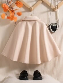 SHEIN Elladie kids 女童駱駝色拼接鈕扣披肩領大衣，淑女風，適合秋季、萬聖節、聖誕節 - 米色 - 查看 3