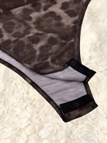 Lumivelle Brown Leopard Print Ruched Asymmetrical Neck Sleeveless Knitted Bodysuit For Women,Summer 70s Animal Cheetah Print Bathing Suit,Club Night Party - Brown - View 4