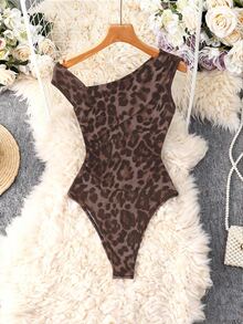 Lumivelle Brown Leopard Print Ruched Asymmetrical Neck Sleeveless Knitted Bodysuit For Women,Summer 70s Animal Cheetah Print Bathing Suit,Club Night Party - Brown - View 3