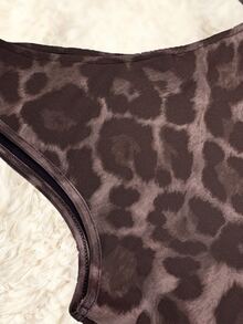 Lumivelle Brown Leopard Print Ruched Asymmetrical Neck Sleeveless Knitted Bodysuit For Women,Summer 70s Animal Cheetah Print Bathing Suit,Club Night Party - Brown - View 7