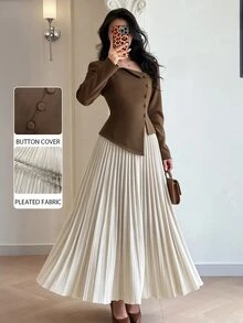 Modelyn Women's Woven Brown Long Sleeve Button-Up Asymmetrical Hem Fitted Romantic Pleated Skirt Outfit 2 Pieces Set For Casual, Office And Commute - Multicolor - View 2