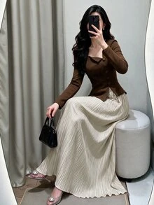 Modelyn Women's Woven Brown Long Sleeve Button-Up Asymmetrical Hem Fitted Romantic Pleated Skirt Outfit 2 Pieces Set For Casual, Office And Commute - Multicolor - View 8