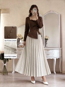 Modelyn Women's Woven Brown Long Sleeve Button-Up Asymmetrical Hem Fitted Romantic Pleated Skirt Outfit 2 Pieces Set For Casual, Office And Commute - Multicolor - View 6