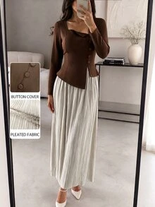 Modelyn Women's Woven Brown Long Sleeve Button-Up Asymmetrical Hem Fitted Romantic Pleated Skirt Outfit 2 Pieces Set For Casual, Office And Commute - Multicolor - View 7